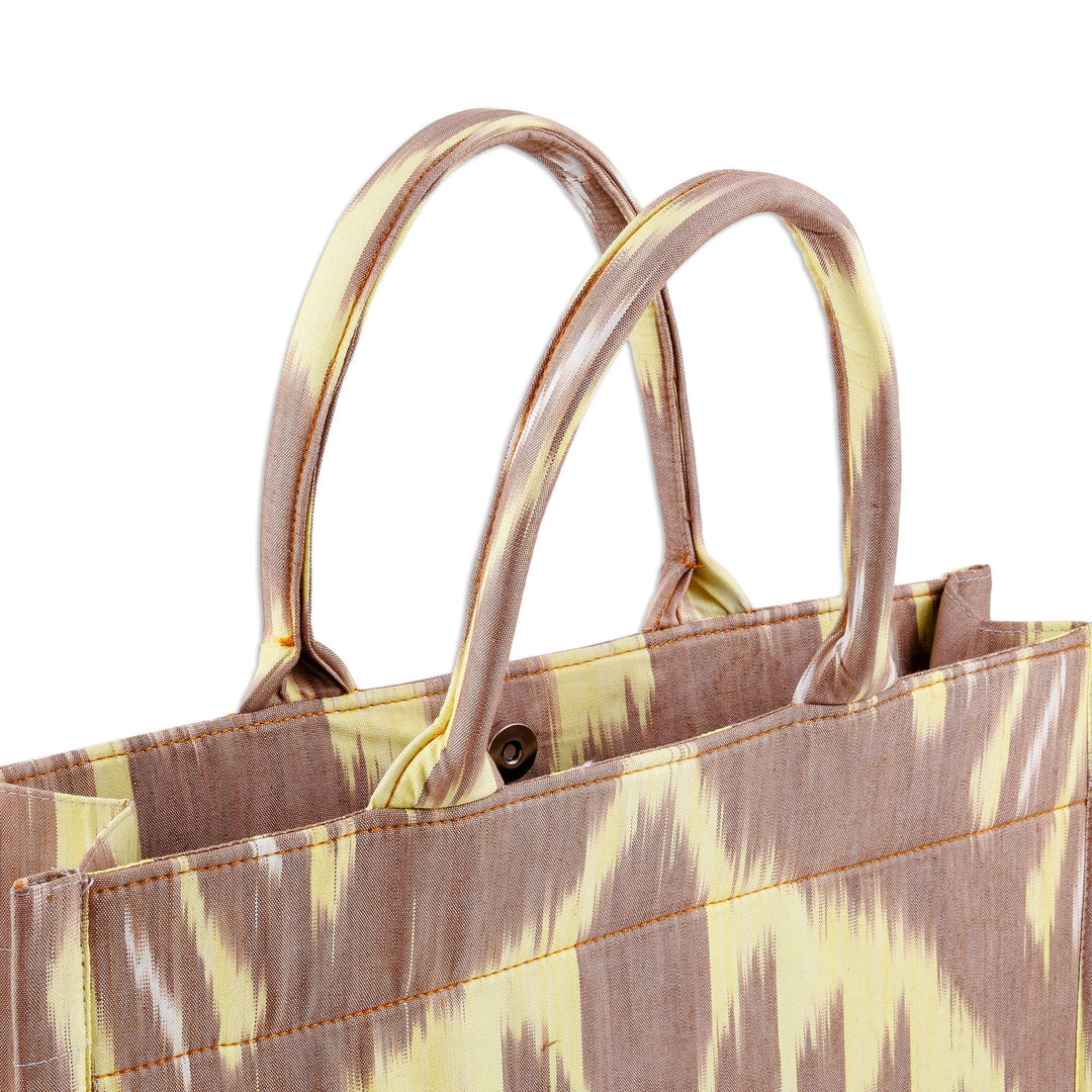 Handcrafted Ikat Cotton Tote Bag in Brown and Yellow - Splendorous Flair