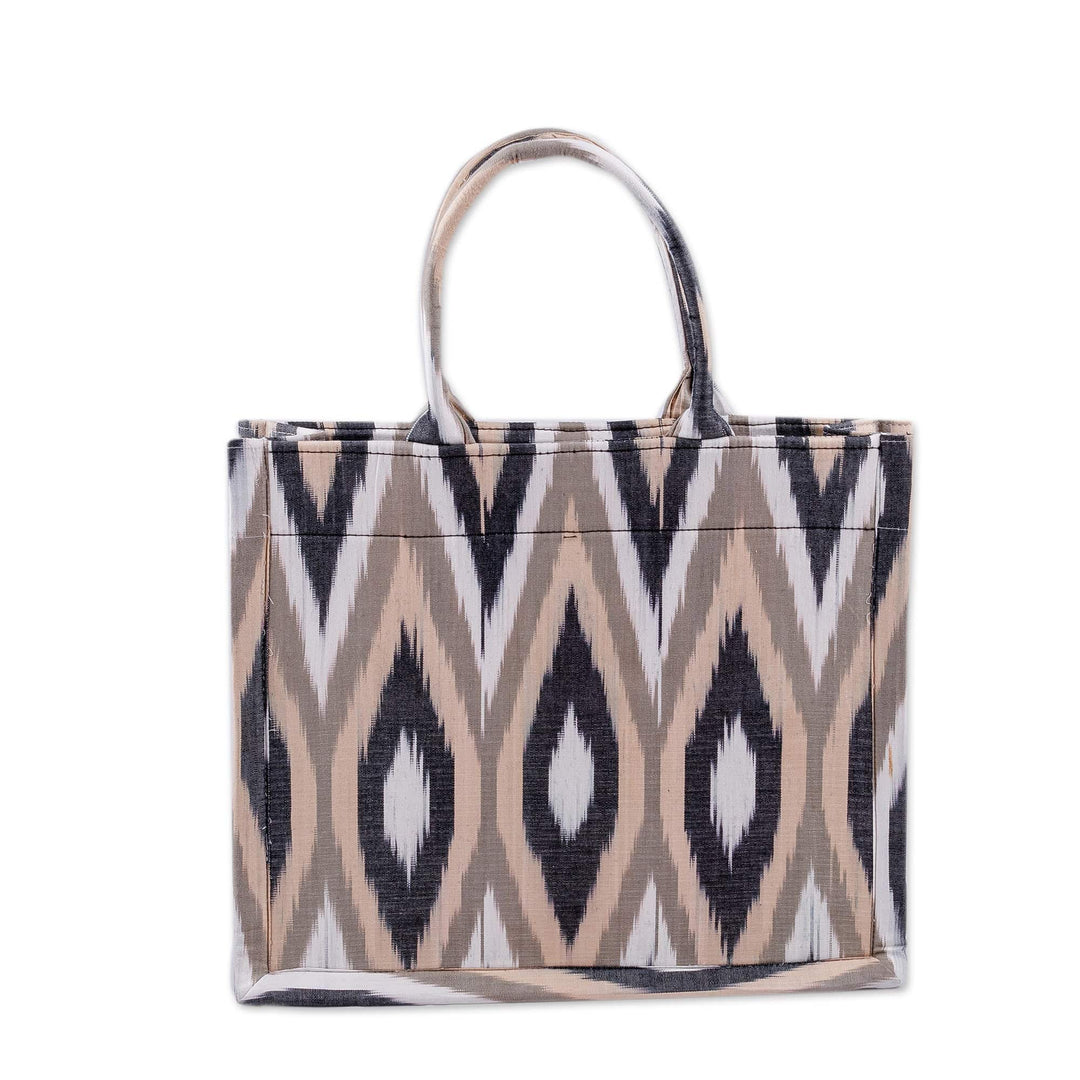 Handcrafted Ikat Cotton Tote Bag in Brown Black and White - Splendorous Style