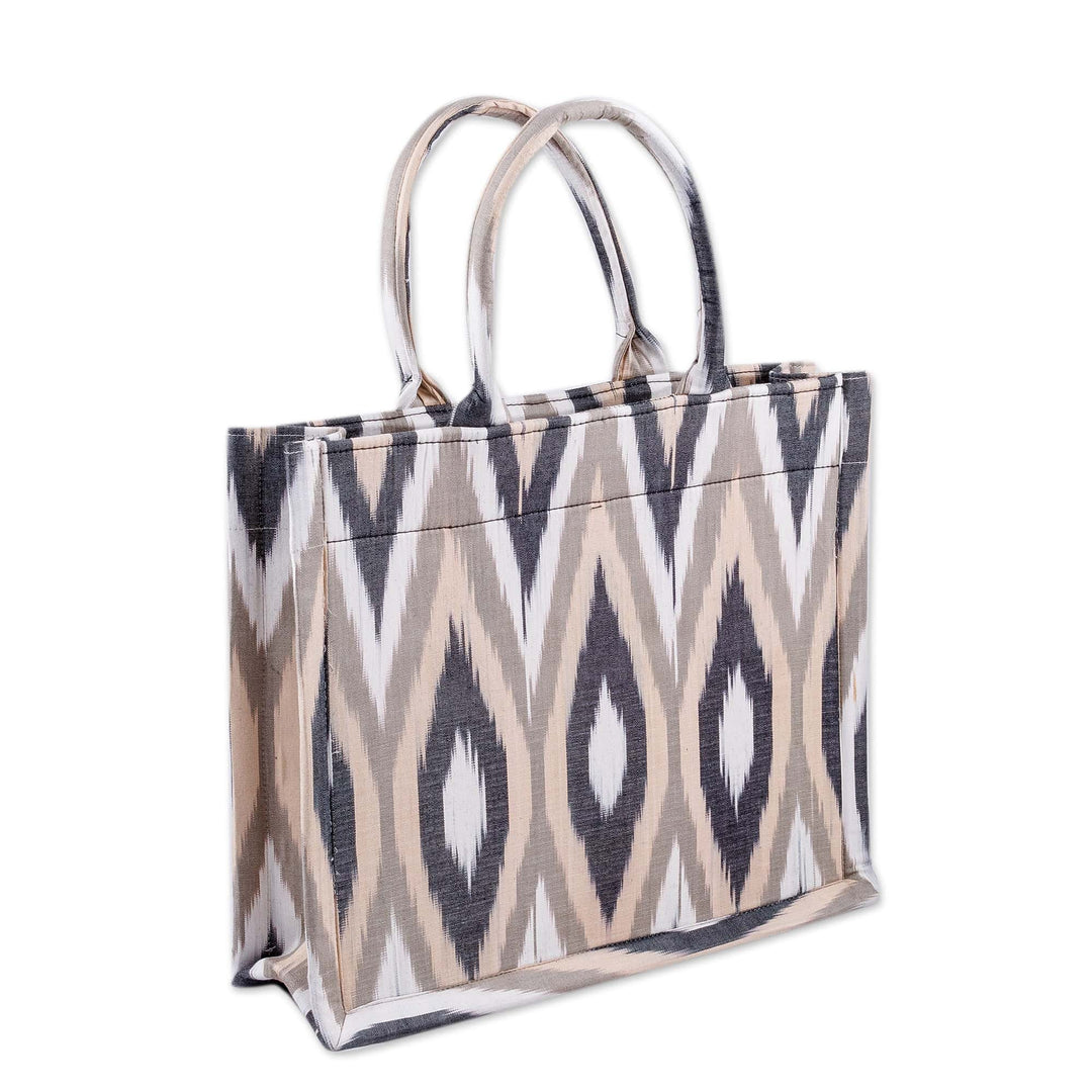 Handcrafted Ikat Cotton Tote Bag in Brown Black and White - Splendorous Style