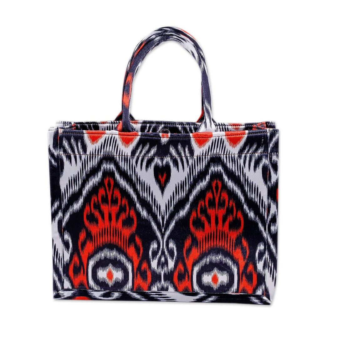Handcrafted Tote Bag with Ikat Motifs in Black Red and White - Splendorous Vibrancy