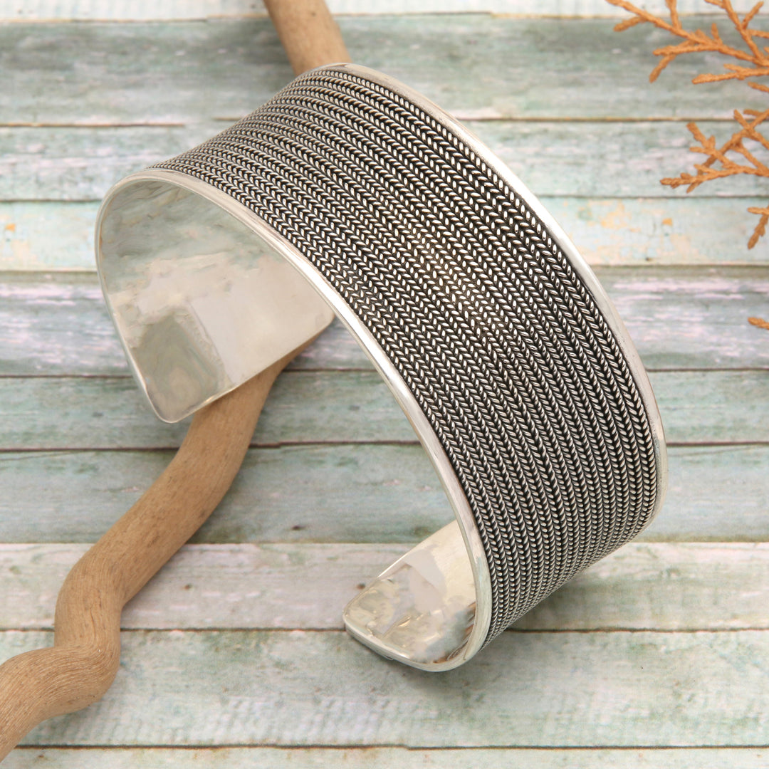 Sterling Silver Cuff Bracelet with Oxidized Textured Finish - Woven Magic