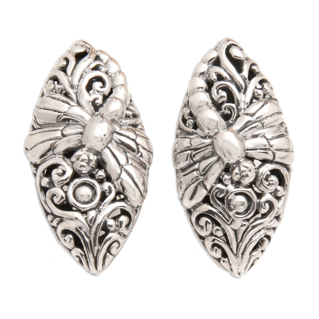 Openwork Sterling Silver Dragonfly Button Earrings from Bali - Dragonfly Harmony
