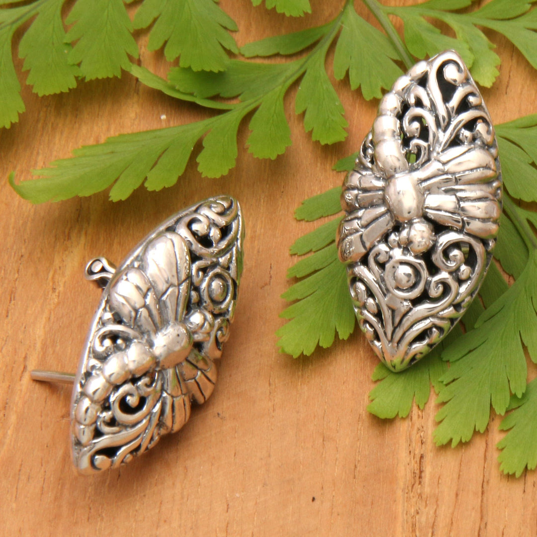 Openwork Sterling Silver Dragonfly Button Earrings from Bali - Dragonfly Harmony
