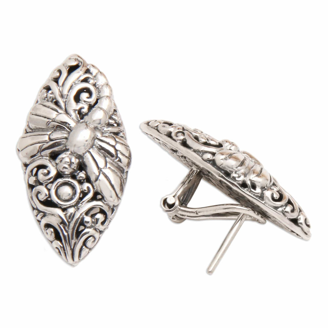 Openwork Sterling Silver Dragonfly Button Earrings from Bali - Dragonfly Harmony