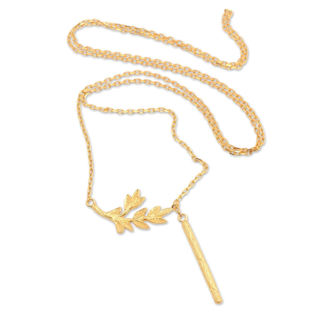 Nature-Themed 22k Gold-Plated Pendant Y Necklace from Bali - Leaf of Fortune