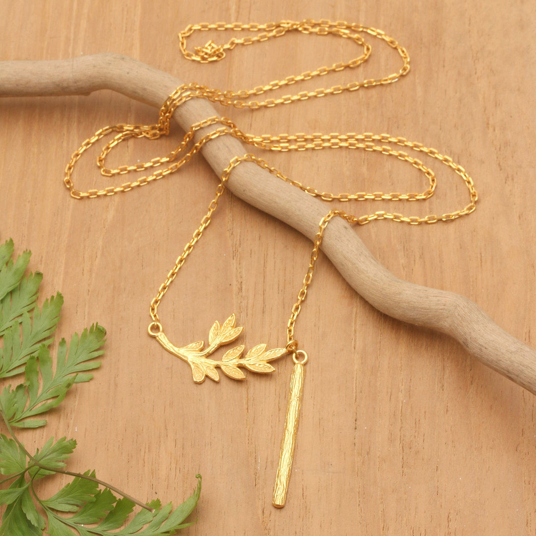 Nature-Themed 22k Gold-Plated Pendant Y Necklace from Bali - Leaf of Fortune