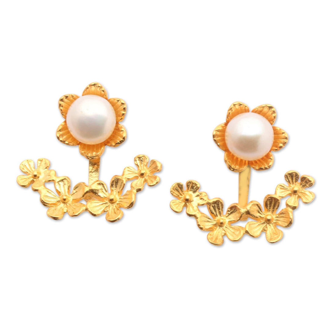 Floral 22k Gold-Plated White Pearl Ear Jacket Earrings - Pearly Eden
