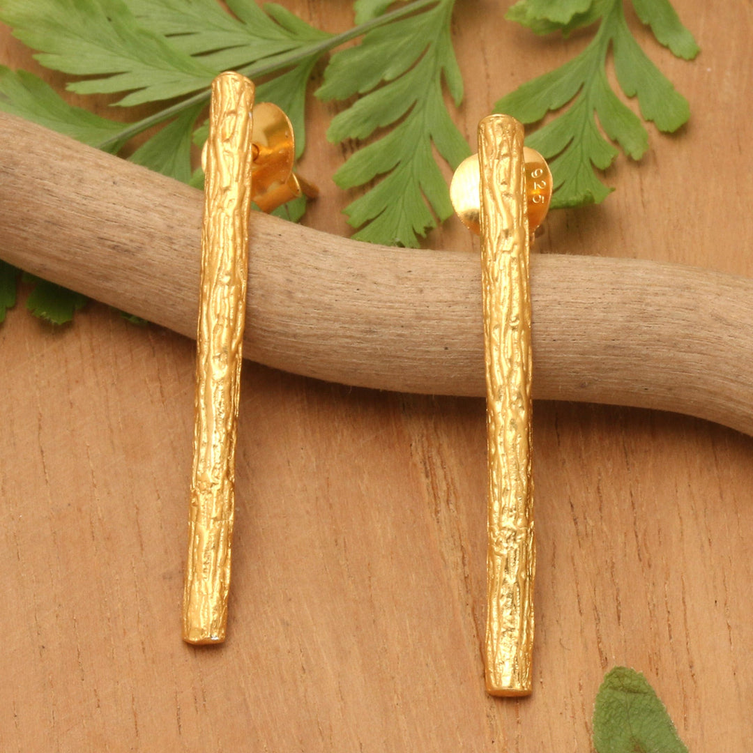 22k Gold-Plated Wood-Shaped Drop Earrings from Bali - Sylvan Victory