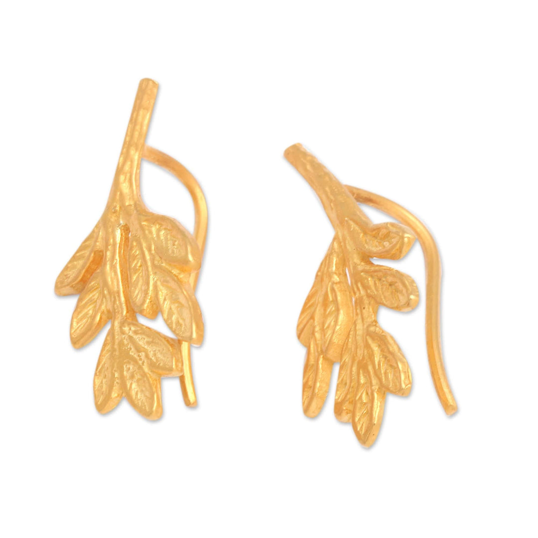 22k Gold-Plated Leaf-Shaped Button Earrings from Bali - Triumphant Foliage