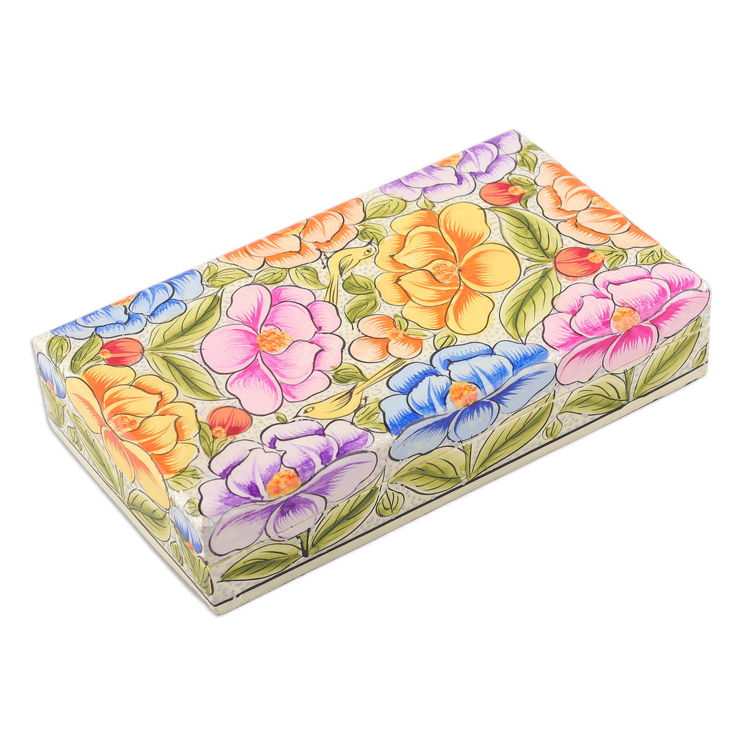 Floral Leaf Bird-Themed Papier Mache on Wood Decorative Box - Blooming Kashmir