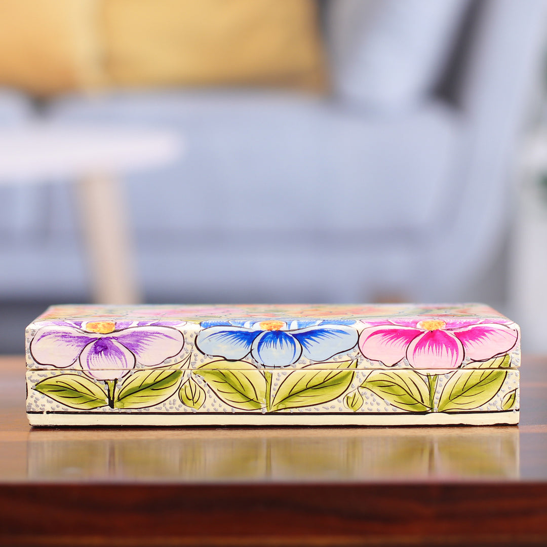 Floral Leaf Bird-Themed Papier Mache on Wood Decorative Box - Blooming Kashmir