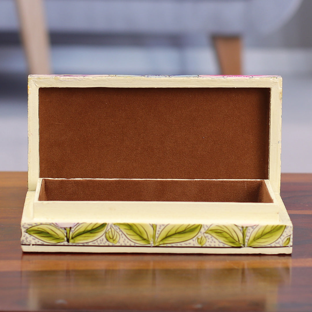 Floral Leaf Bird-Themed Papier Mache on Wood Decorative Box - Blooming Kashmir