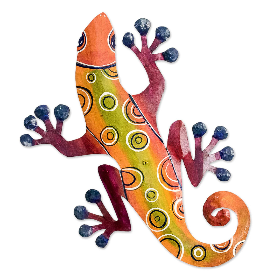 Hand-Painted Tropical Lizard Steel Wall Art from El Salvador - Festive Lizard