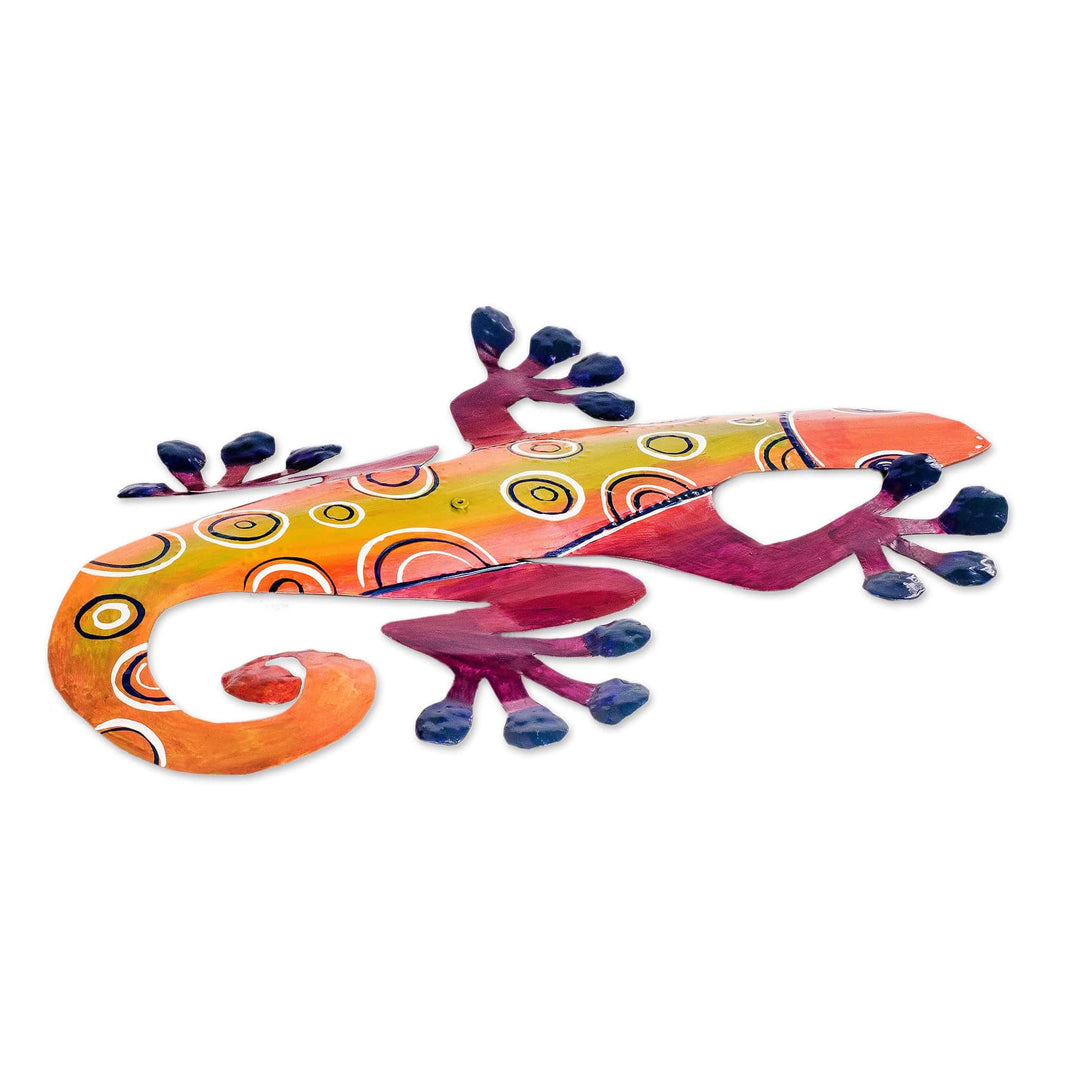 Hand-Painted Tropical Lizard Steel Wall Art from El Salvador - Festive Lizard