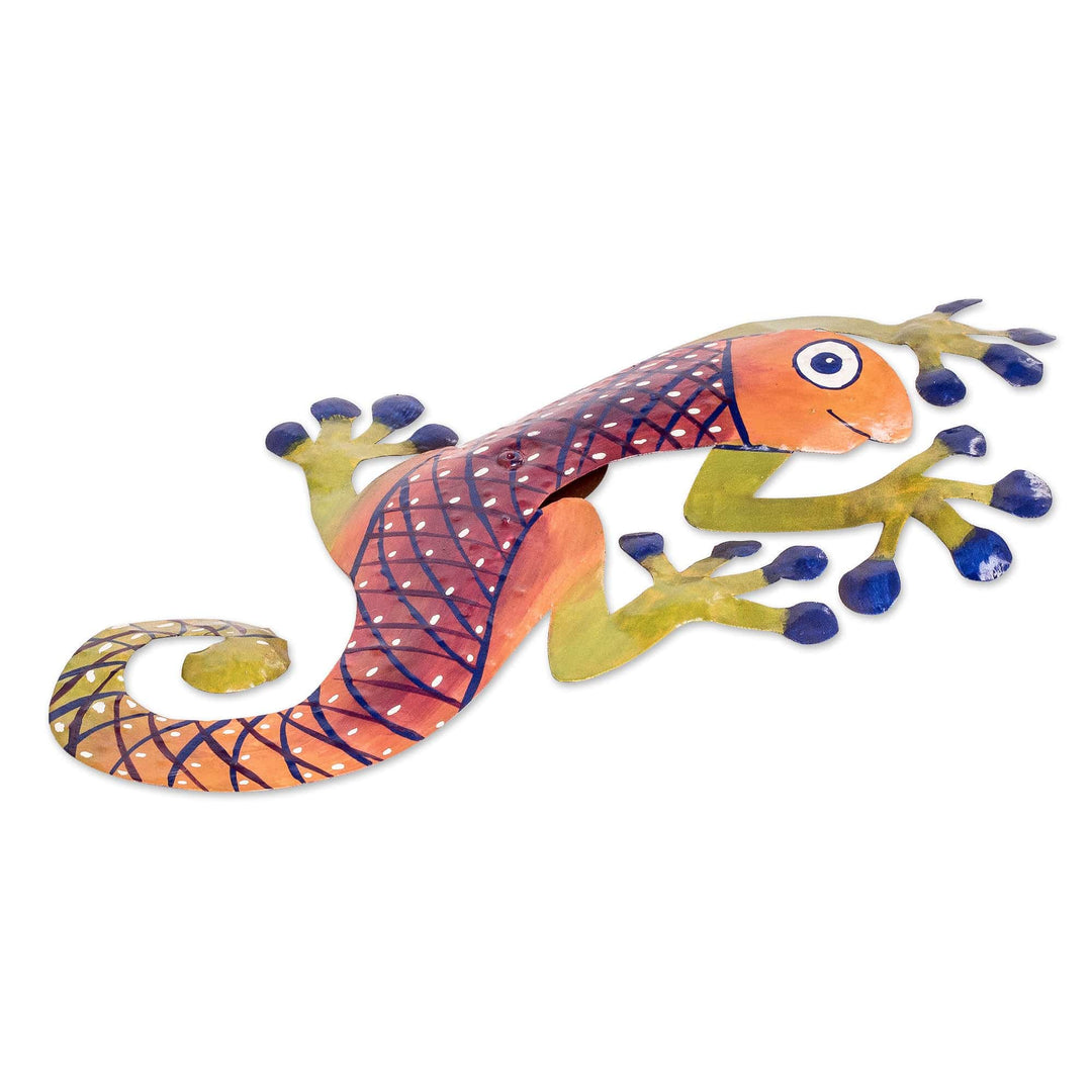 Hand-Painted Smiling Lizard Steel Wall Art from El Salvador - Smiling Lizard