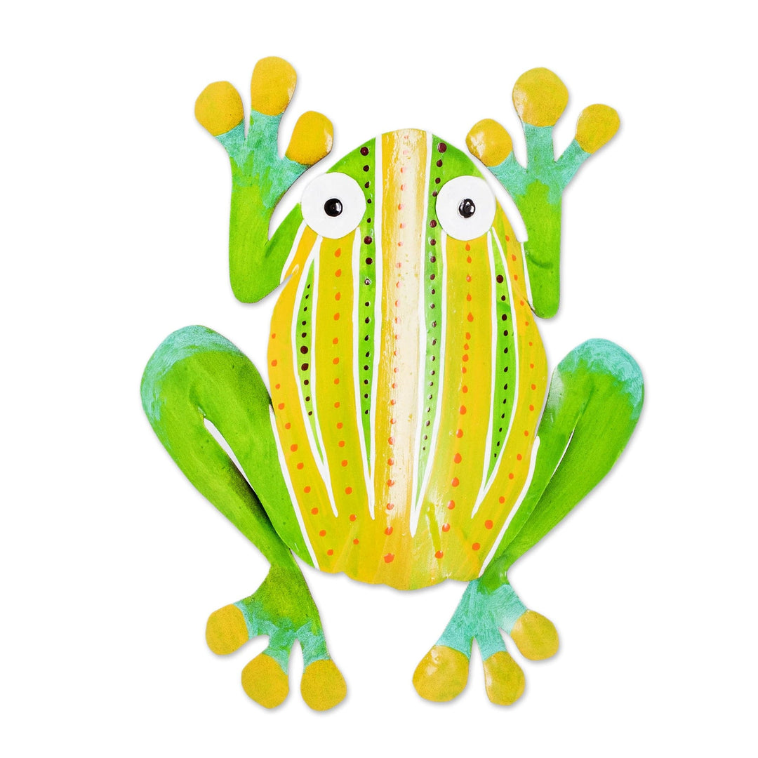 Whimsical Hand-Painted Green Frog-Shaped Steel Wall Art - Leaping Frog