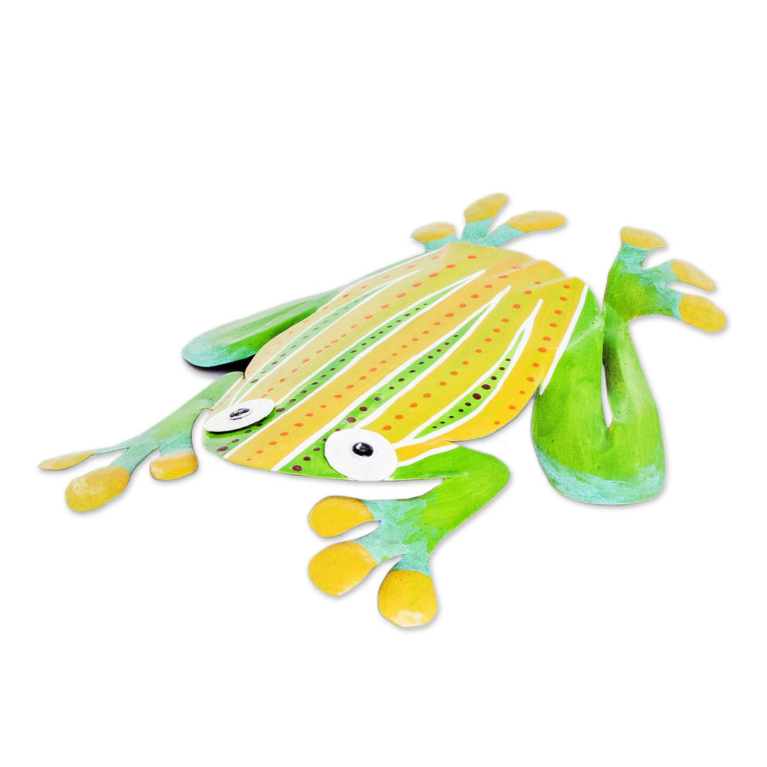Whimsical Hand-Painted Green Frog-Shaped Steel Wall Art - Leaping Frog