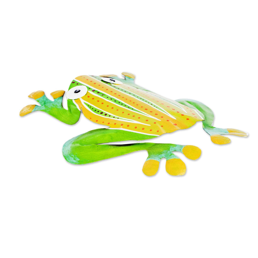 Whimsical Hand-Painted Green Frog-Shaped Steel Wall Art - Leaping Frog