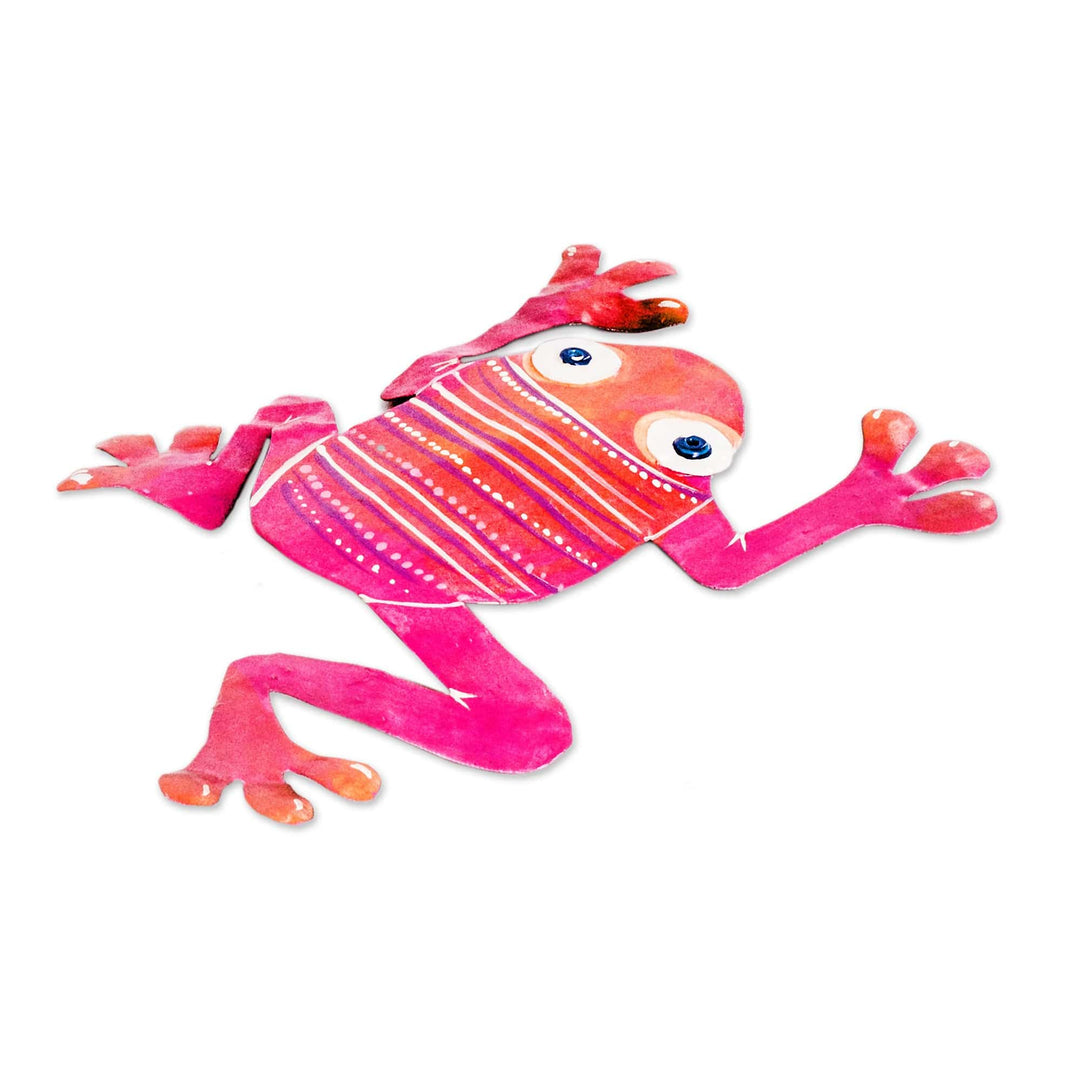 Whimsical Hand-Painted Pink Frog-Shaped Steel Wall Art - Leaping Sweetness