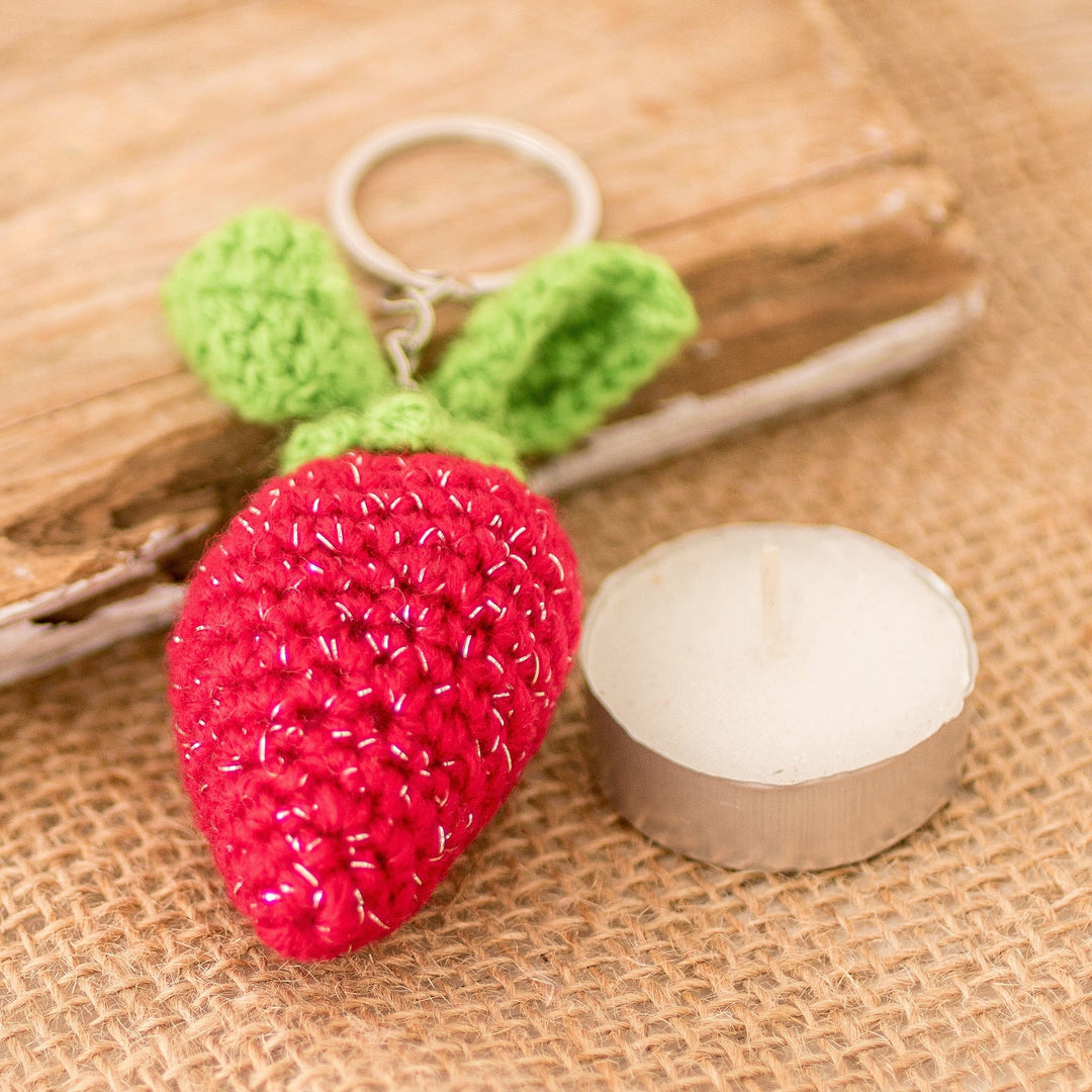 Crocheted 100% Cotton Strawberry Keychain from Guatemala - Sweet Strawberry