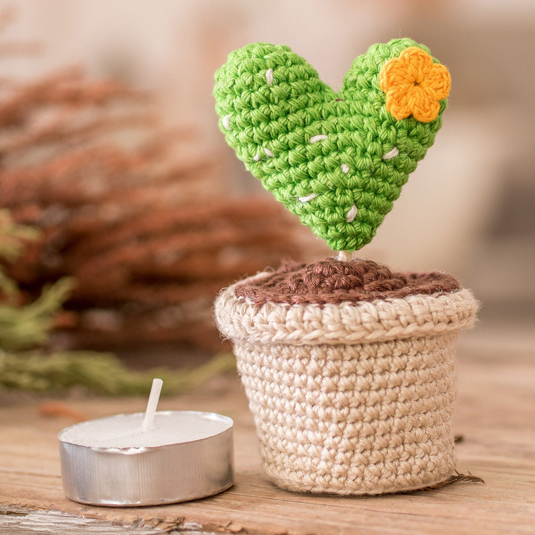 Heart-Shaped Floral Cactus Crocheted Cotton Home Accent - Love Cactus