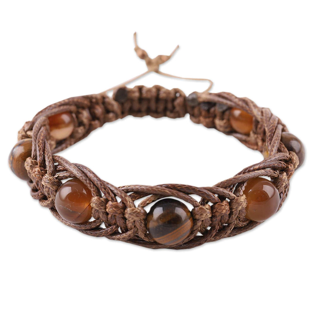 Brown Tiger's Eye and Agate Beaded Macrame Bracelet - Shamballa Bravery