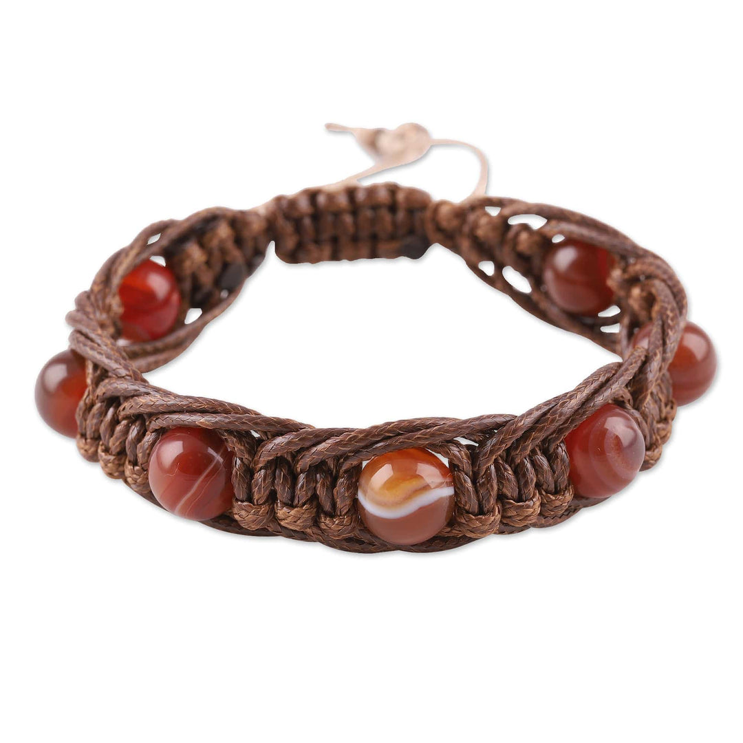 Adjustable Brown and Orange Agate Beaded Macrame Bracelet - Shamballa Resilience