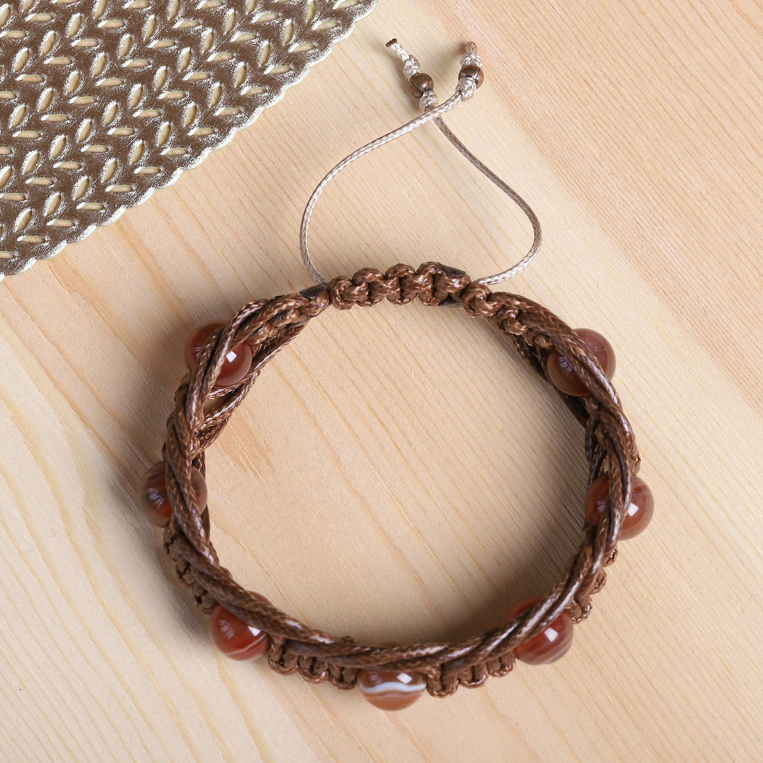 Adjustable Brown and Orange Agate Beaded Macrame Bracelet - Shamballa Resilience