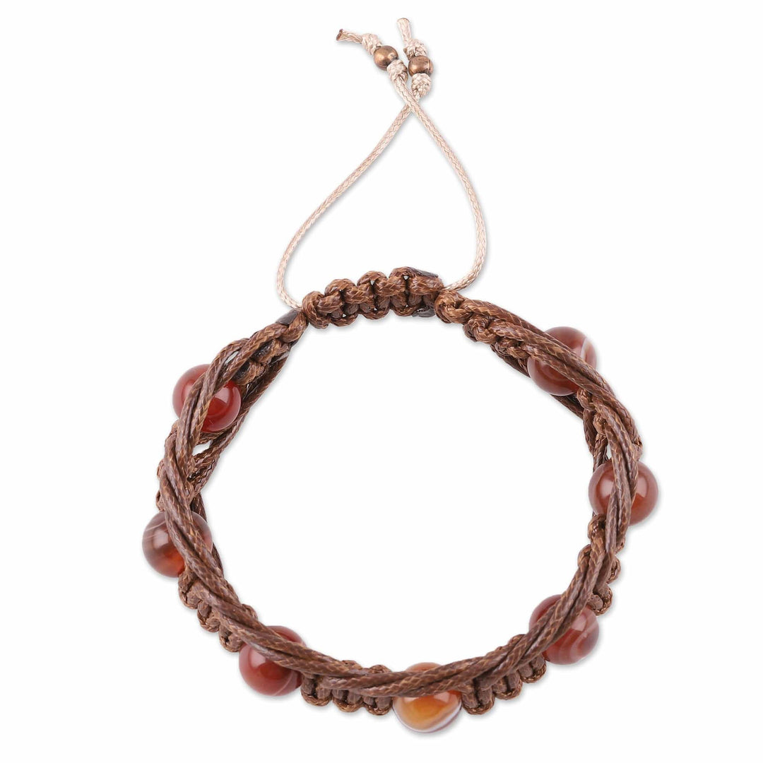 Adjustable Brown and Orange Agate Beaded Macrame Bracelet - Shamballa Resilience