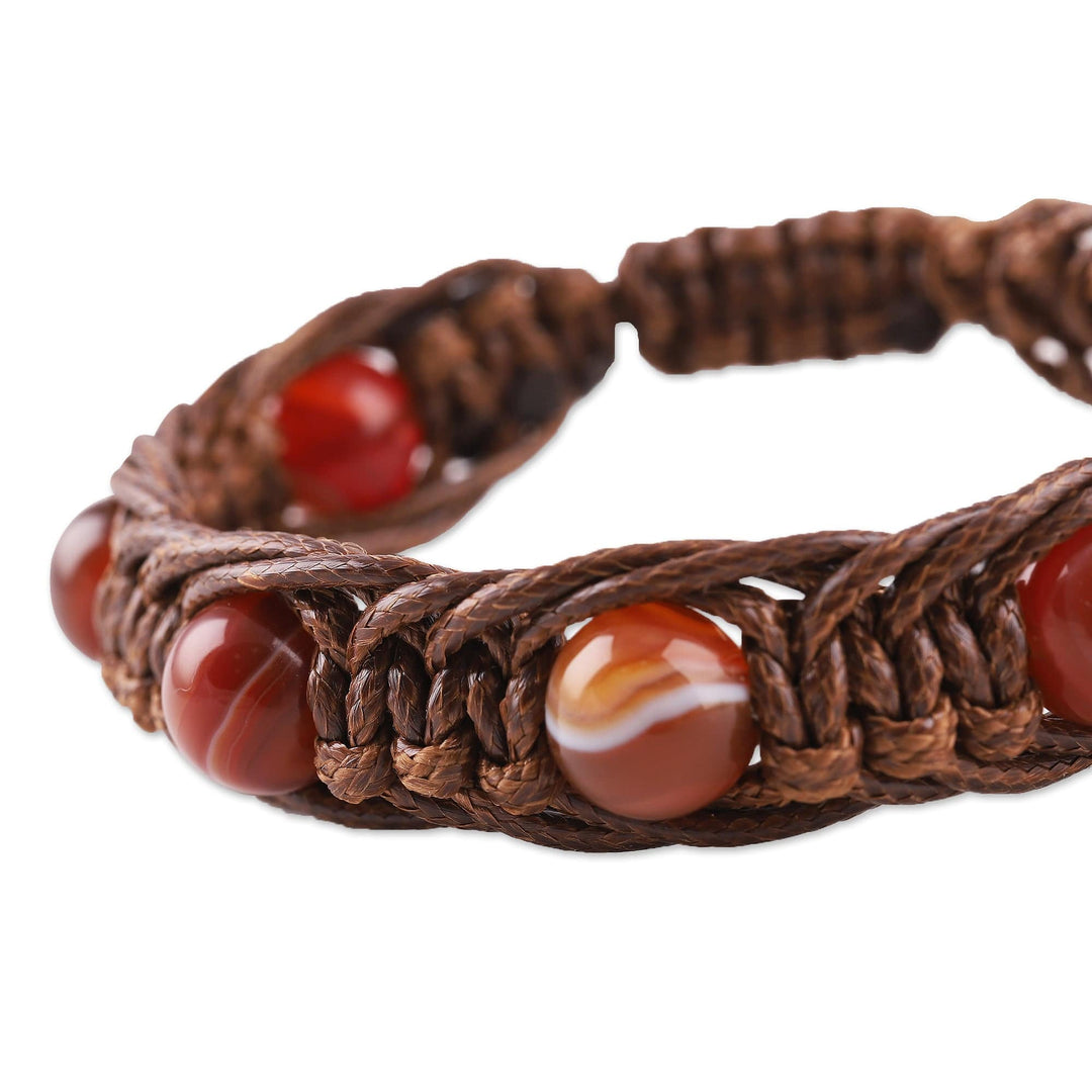 Adjustable Brown and Orange Agate Beaded Macrame Bracelet - Shamballa Resilience