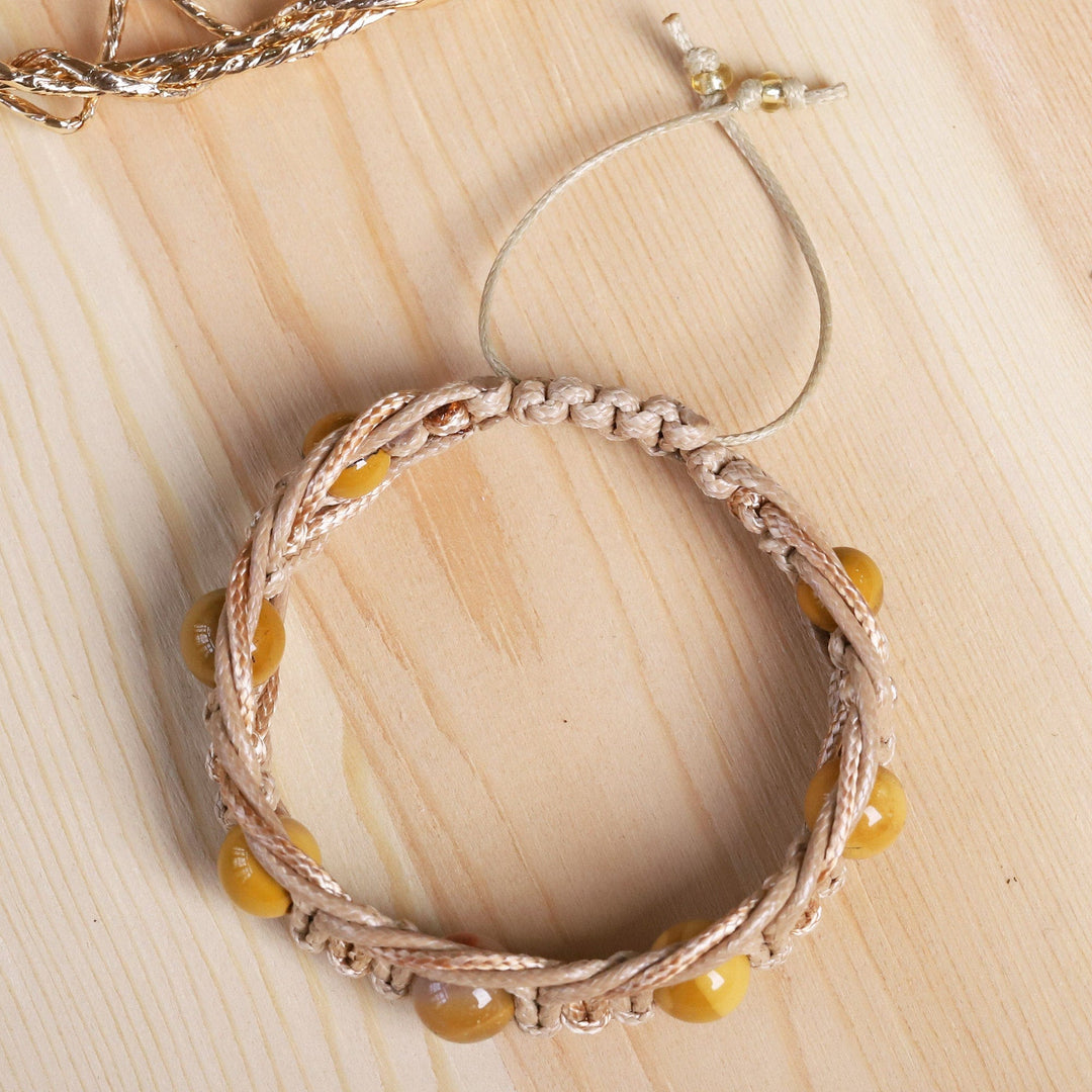 Adjustable Beige and Yellow Jasper Beaded Macrame Bracelet - Shamballa Courage