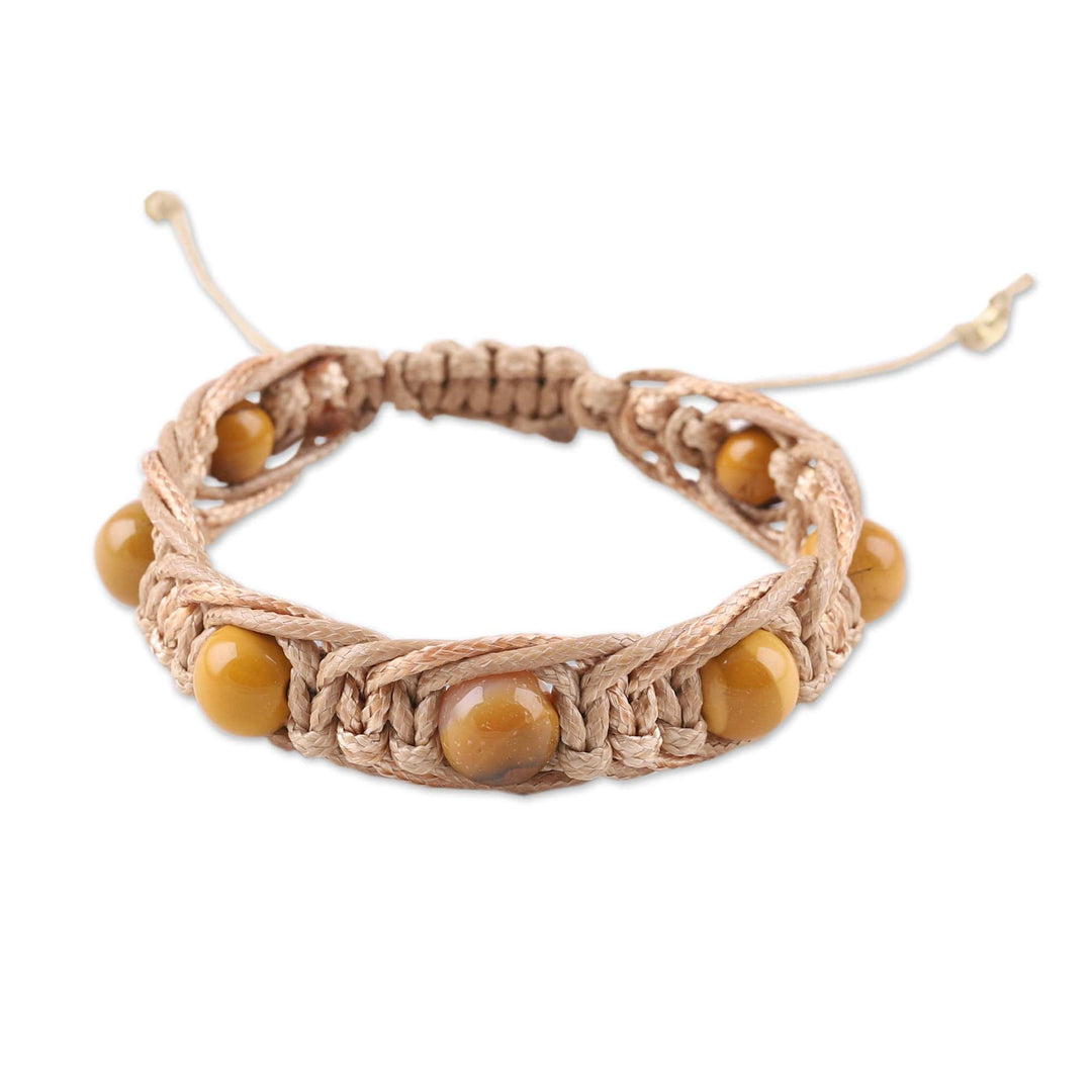 Adjustable Beige and Yellow Jasper Beaded Macrame Bracelet - Shamballa Courage
