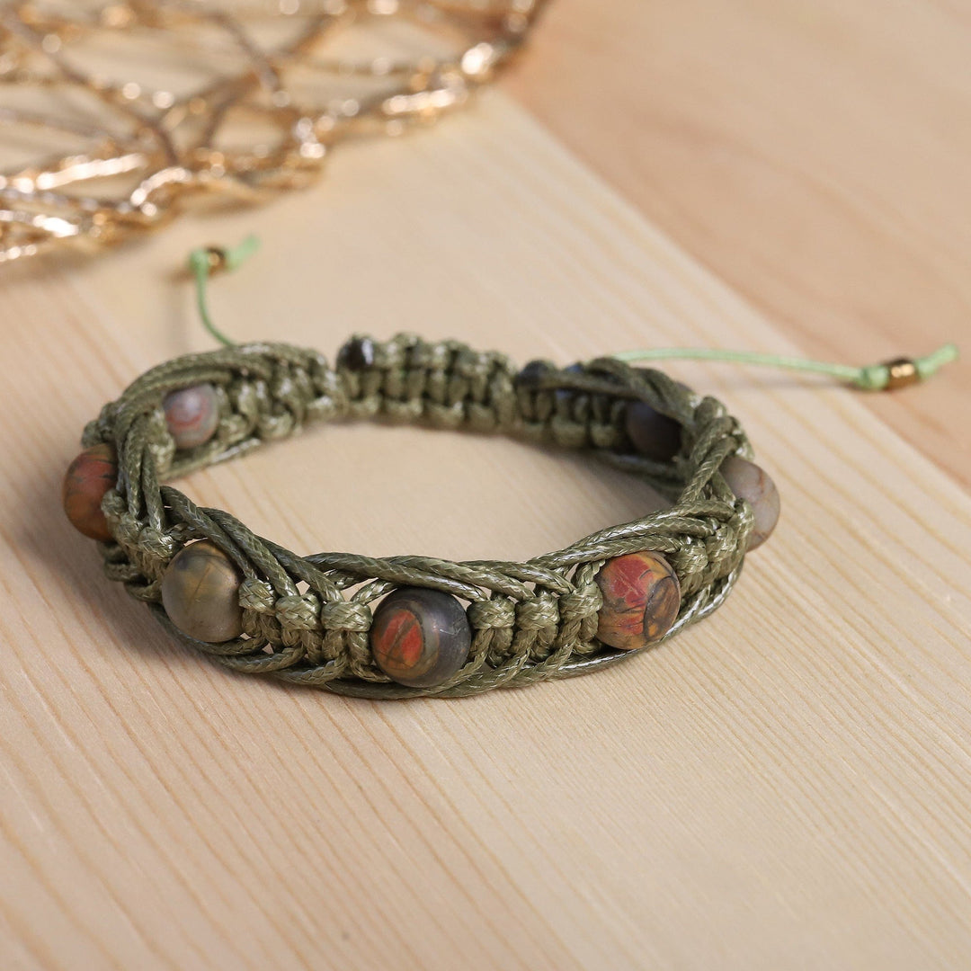 Adjustable Green Jasper Beaded Macrame Bracelet - Shamballa Vitality