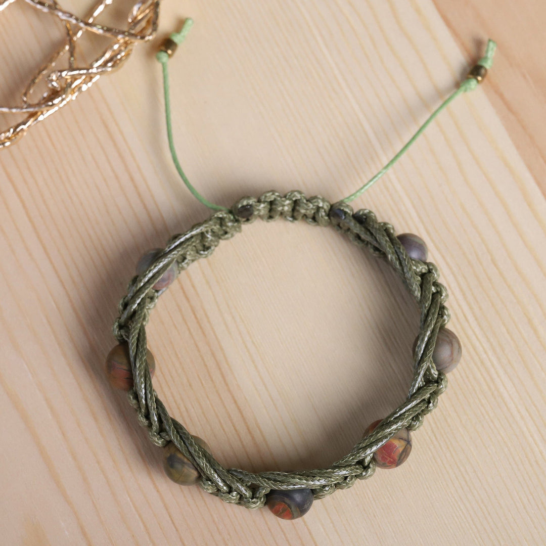 Adjustable Green Jasper Beaded Macrame Bracelet - Shamballa Vitality