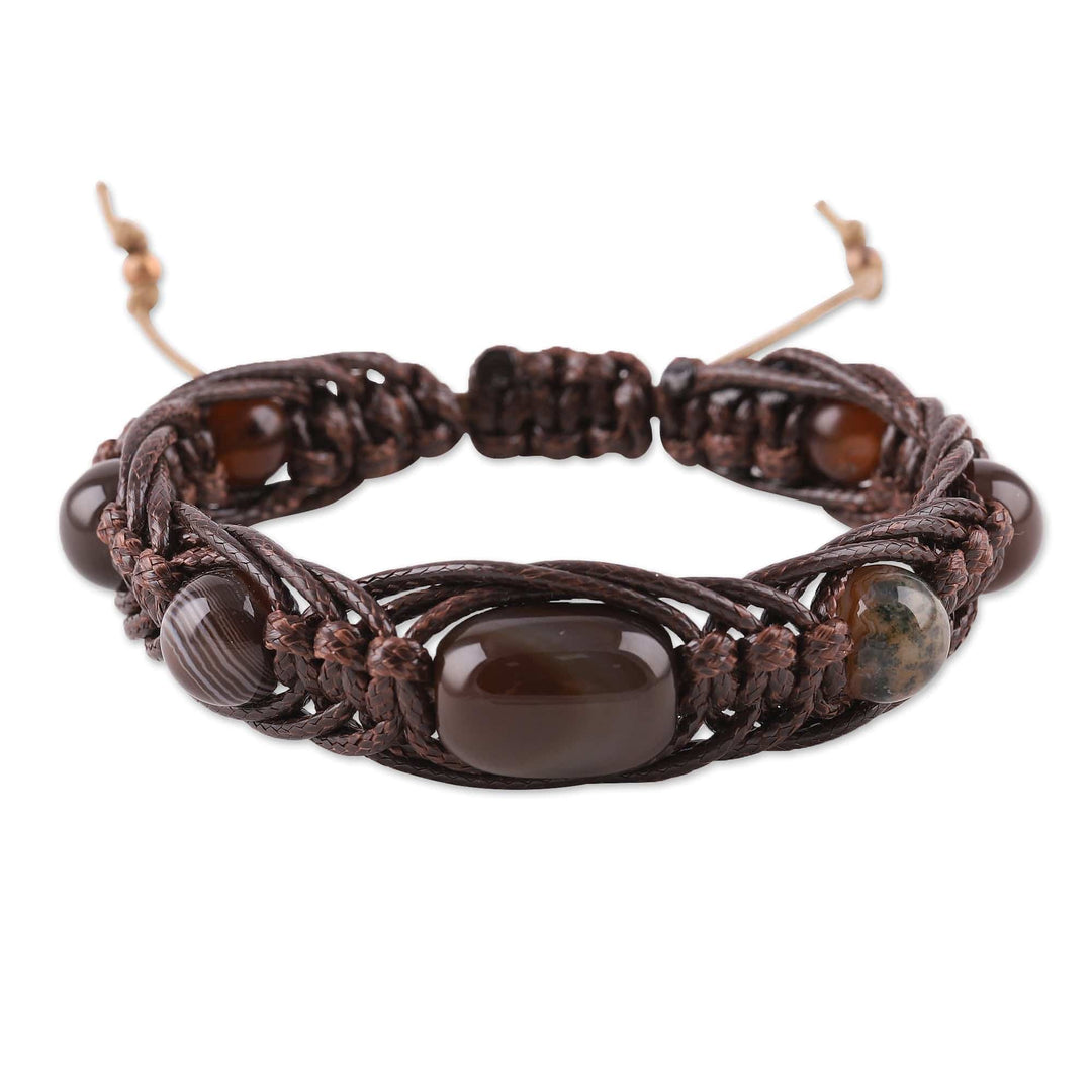 Adjustable Dark Brown Agate Beaded Macrame Bracelet - Shamballa Balance