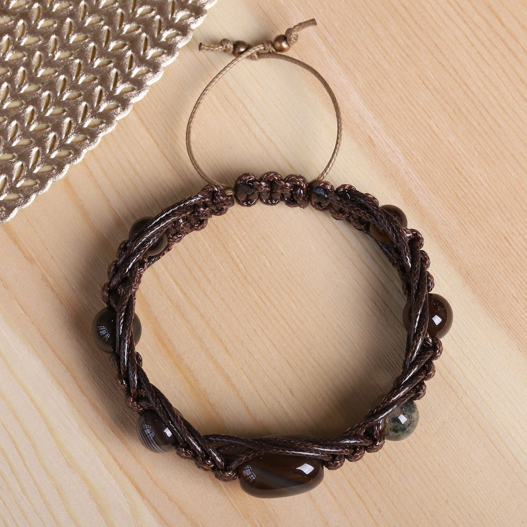 Adjustable Dark Brown Agate Beaded Macrame Bracelet - Shamballa Balance