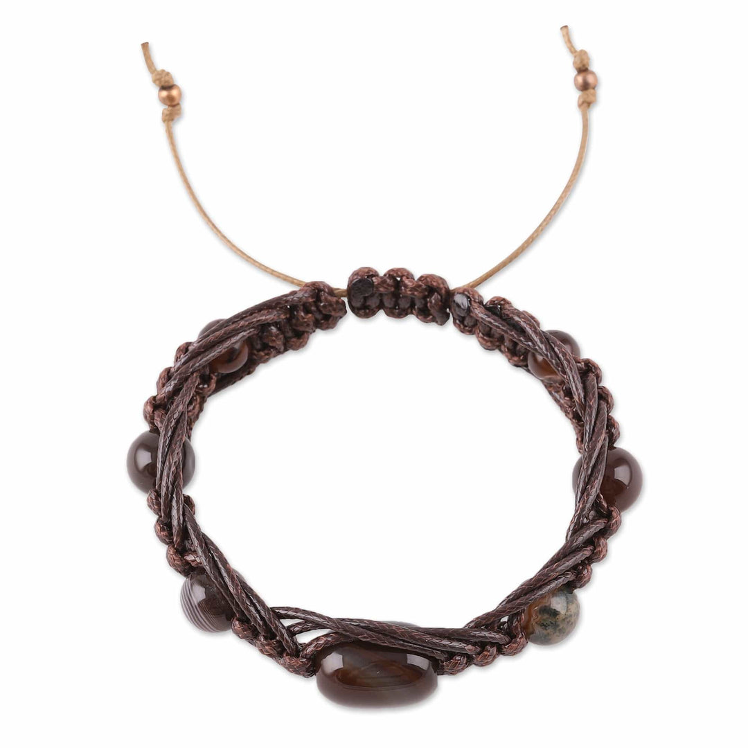 Adjustable Dark Brown Agate Beaded Macrame Bracelet - Shamballa Balance