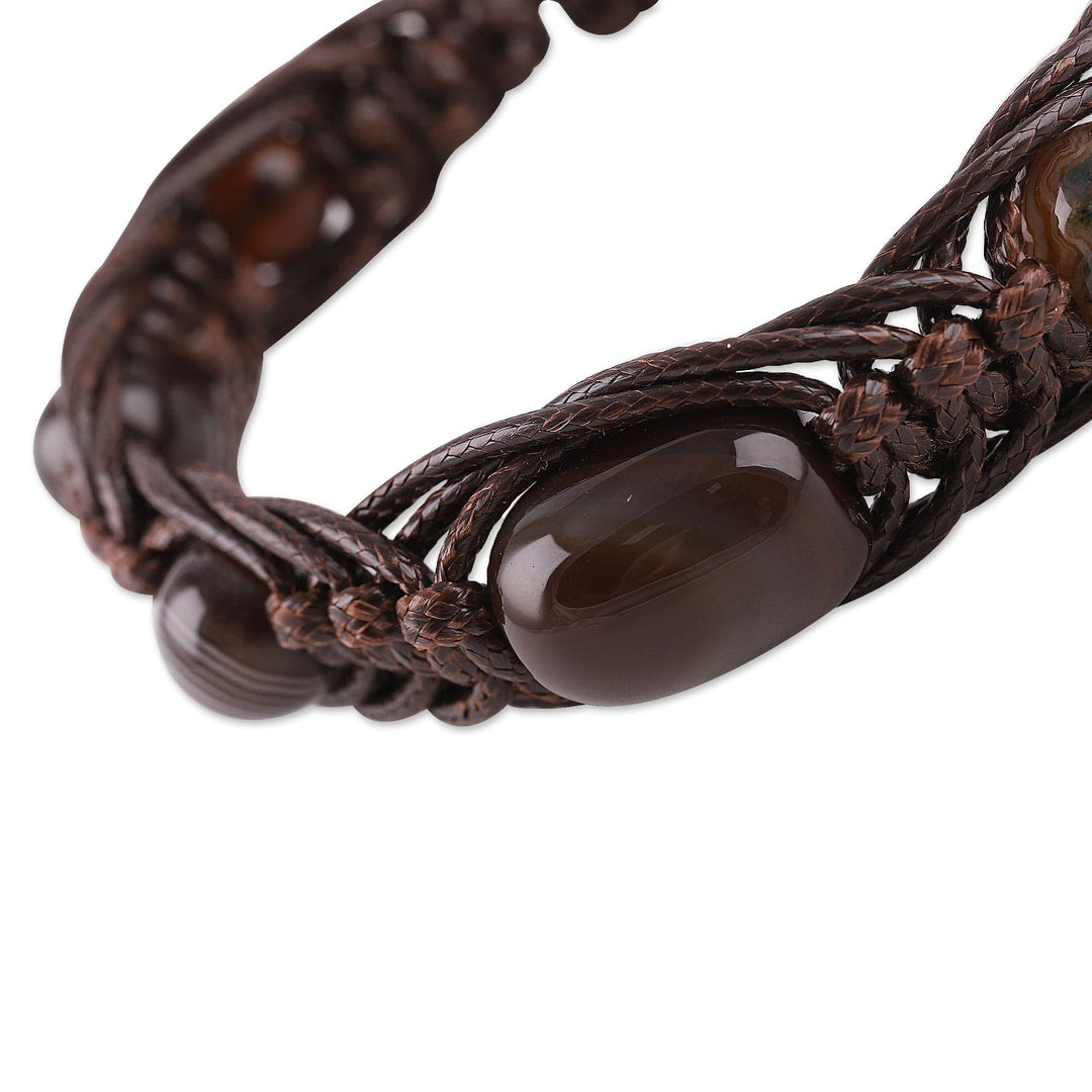 Adjustable Dark Brown Agate Beaded Macrame Bracelet - Shamballa Balance