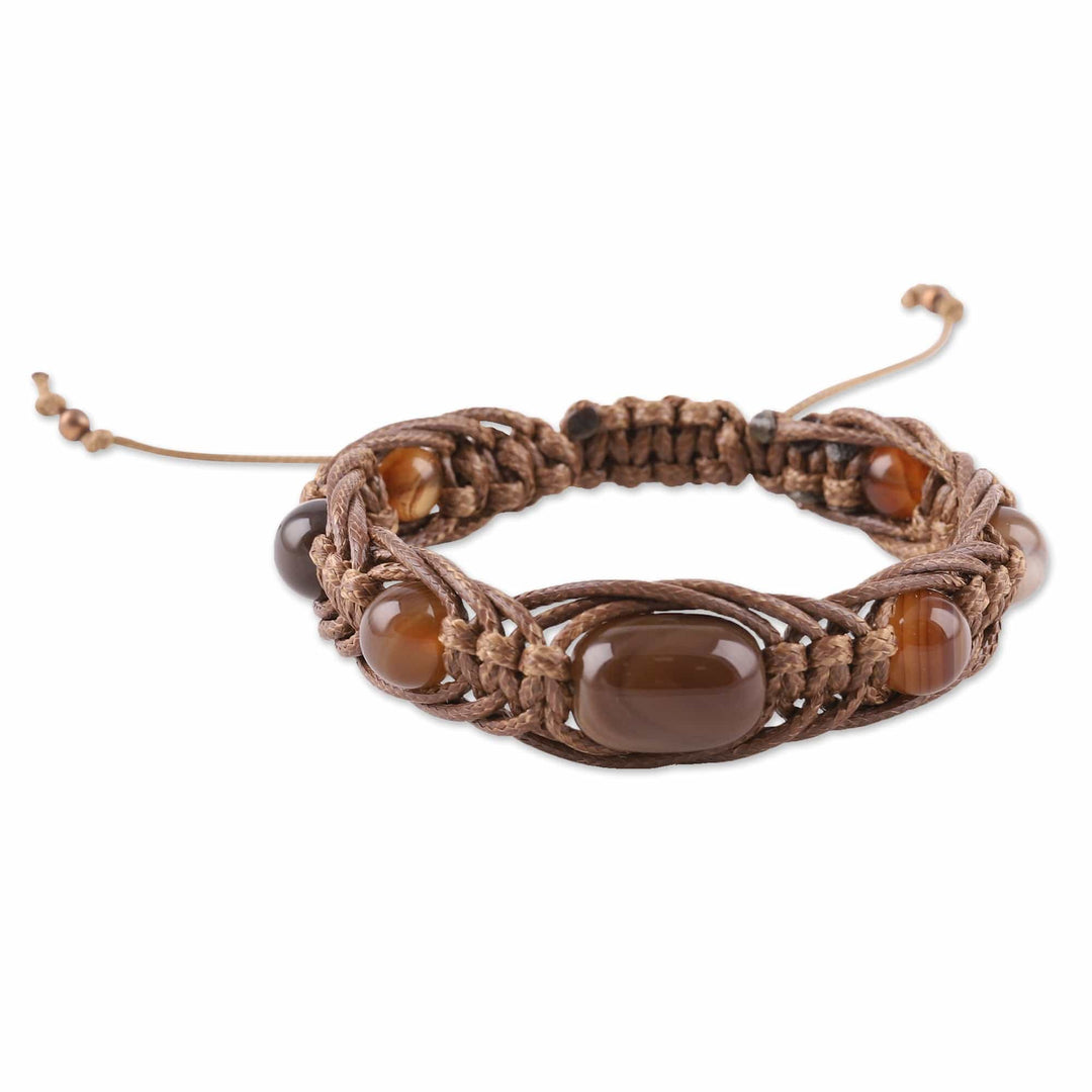 Adjustable Light Brown Agate Beaded Macrame Bracelet - Shamballa Earth