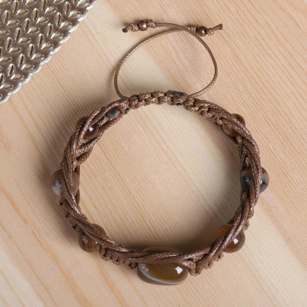 Adjustable Light Brown Agate Beaded Macrame Bracelet - Shamballa Earth