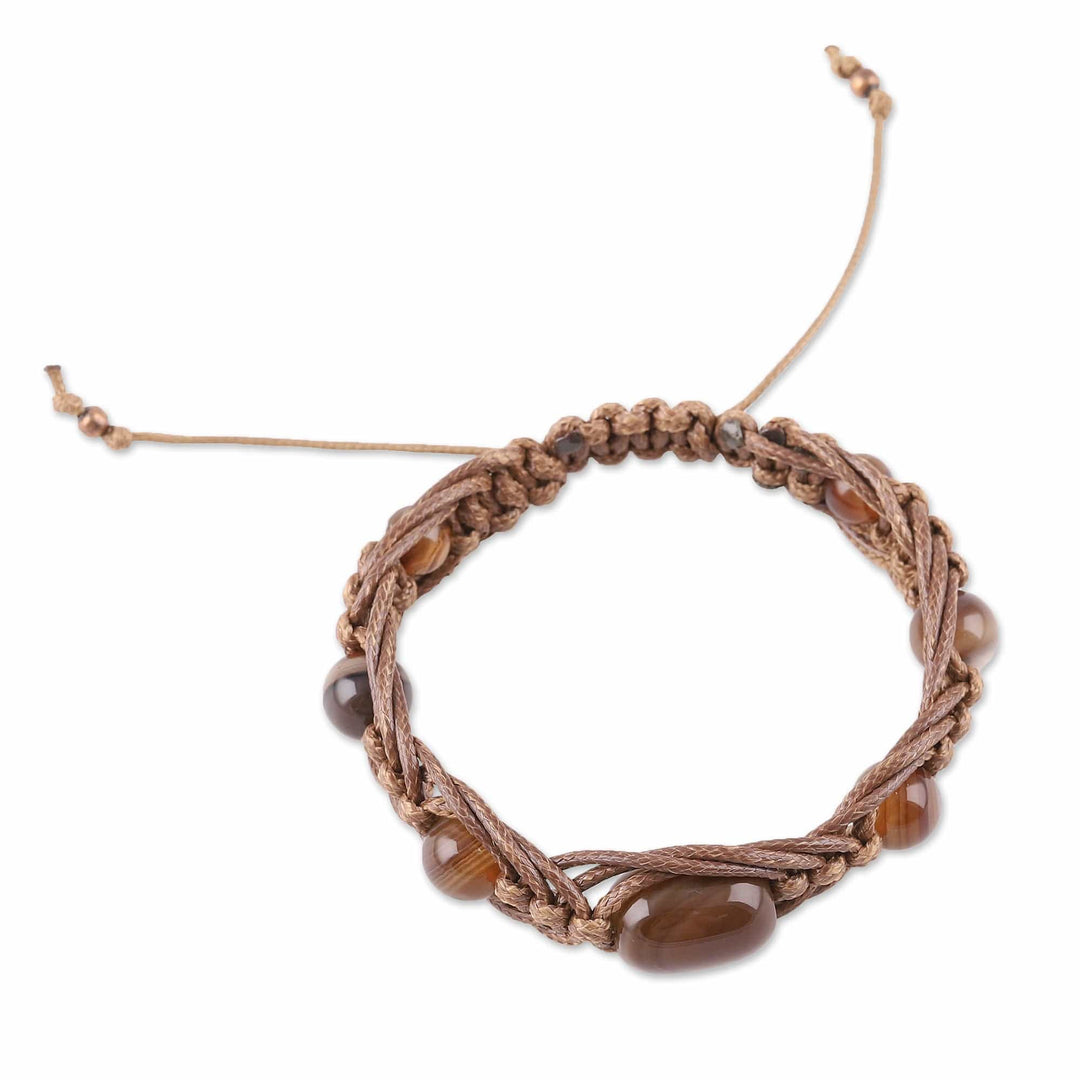 Adjustable Light Brown Agate Beaded Macrame Bracelet - Shamballa Earth