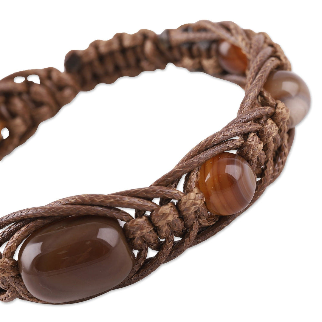Adjustable Light Brown Agate Beaded Macrame Bracelet - Shamballa Earth