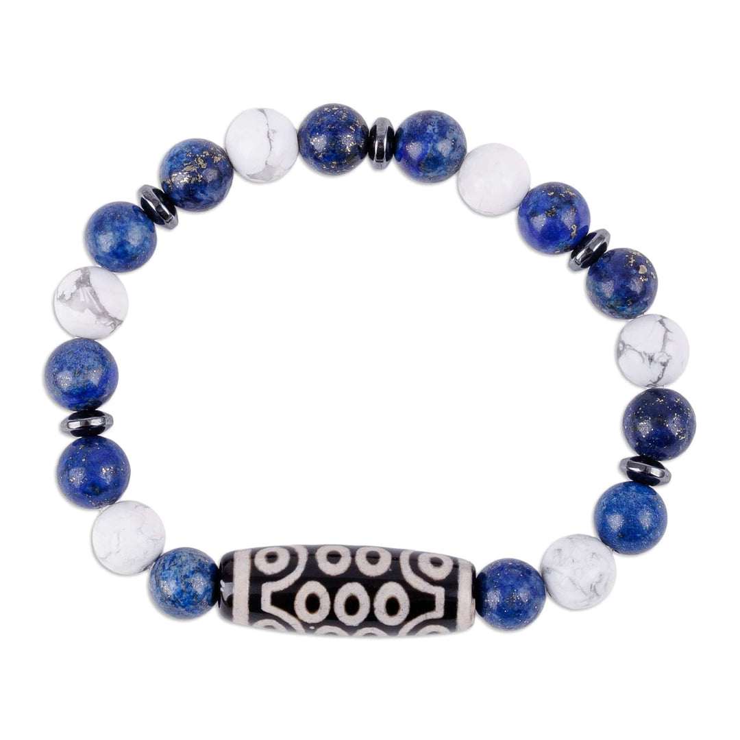 Dzi-Inspired Multi-Gemstone Beaded Stretch Pendant Bracelet - Blue Dzi