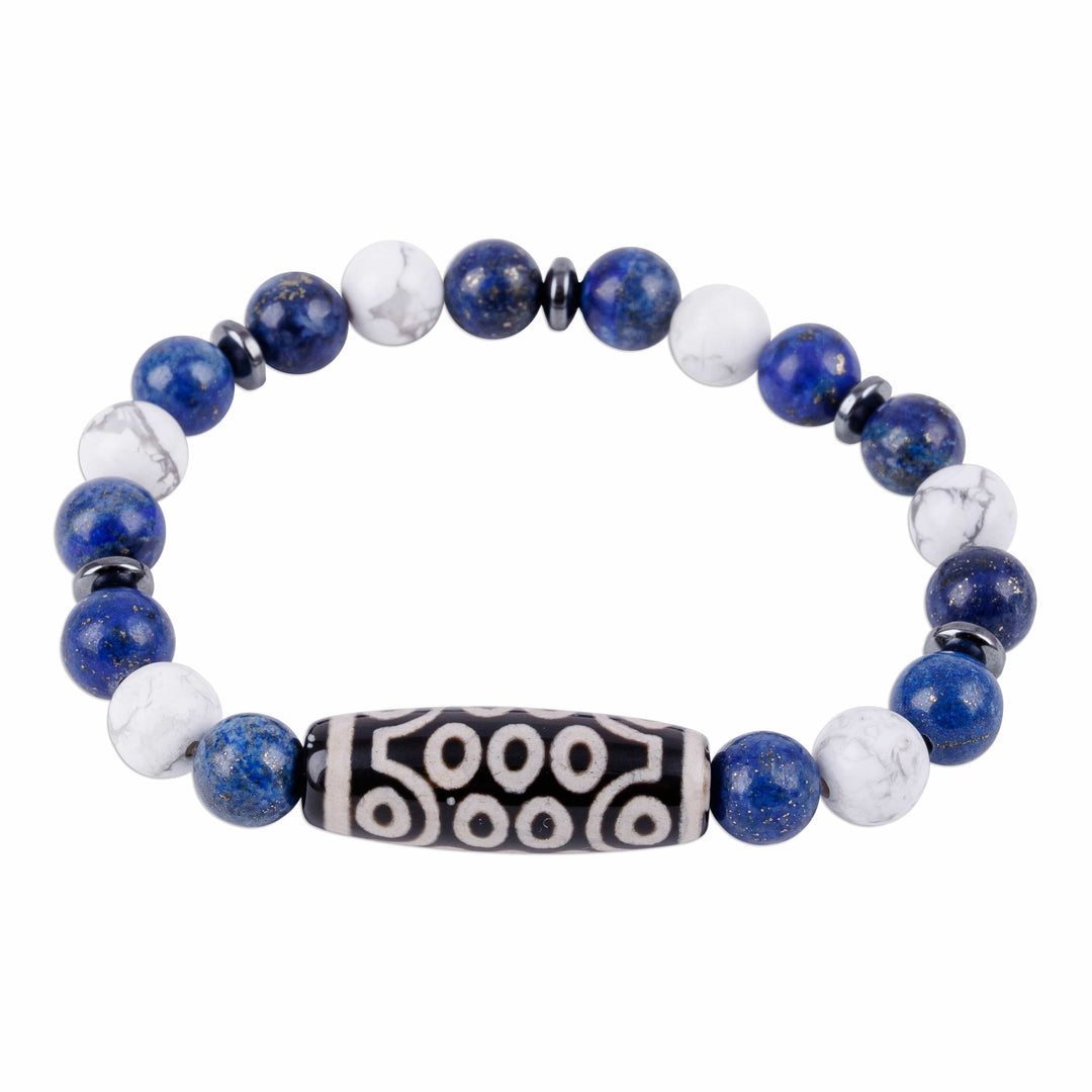 Dzi-Inspired Multi-Gemstone Beaded Stretch Pendant Bracelet - Blue Dzi