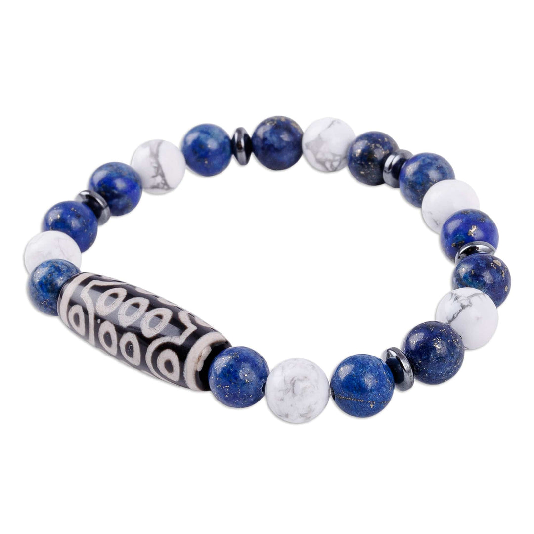 Dzi-Inspired Multi-Gemstone Beaded Stretch Pendant Bracelet - Blue Dzi