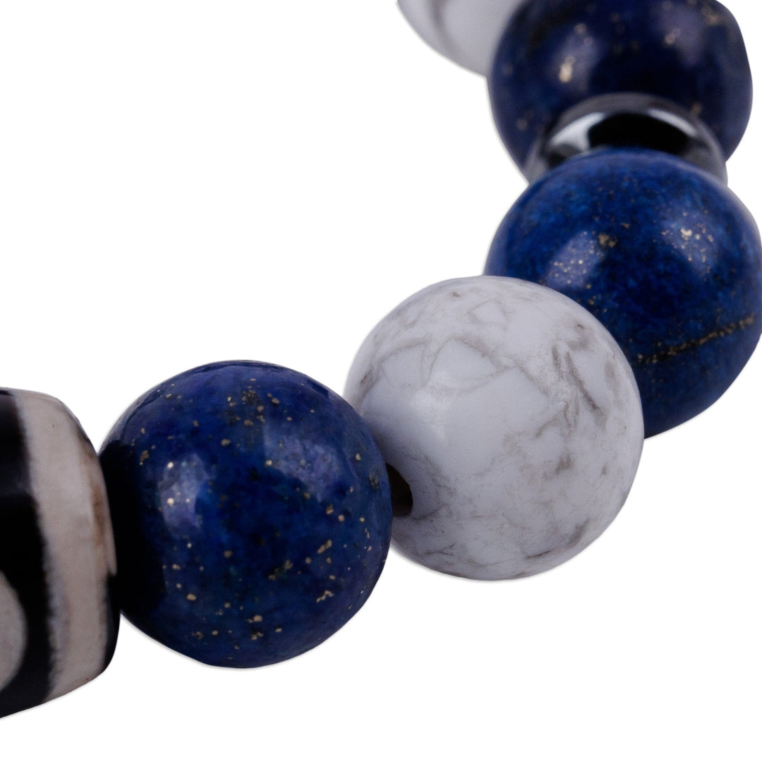 Dzi-Inspired Multi-Gemstone Beaded Stretch Pendant Bracelet - Blue Dzi