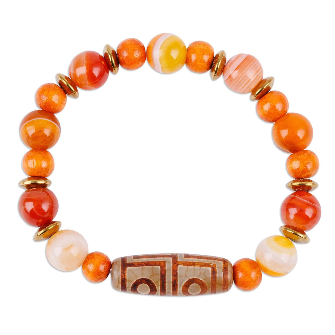 Orange Dzi Multi-Gemstone and Wood Beaded Stretch Bracelet - Lively Dzi