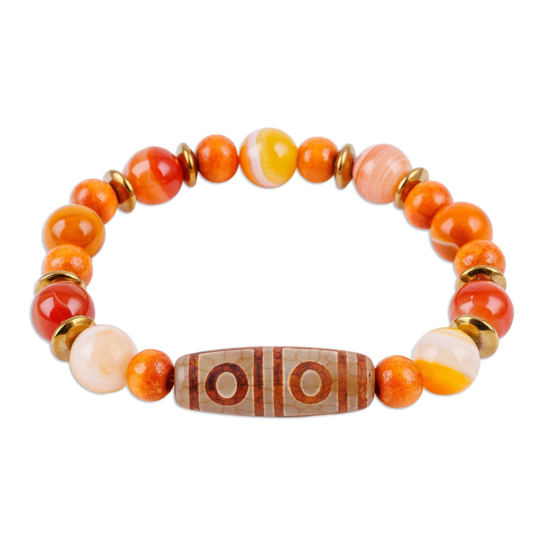 Orange Dzi Multi-Gemstone and Wood Beaded Stretch Bracelet - Lively Dzi