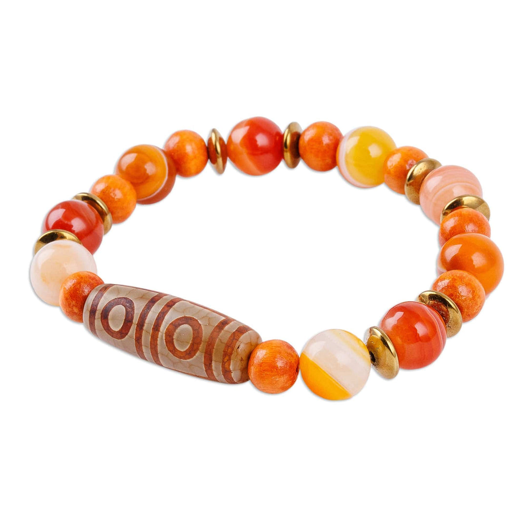 Orange Dzi Multi-Gemstone and Wood Beaded Stretch Bracelet - Lively Dzi