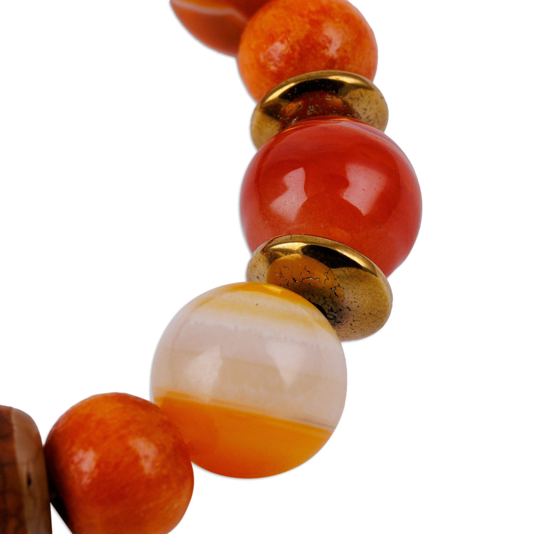 Orange Dzi Multi-Gemstone and Wood Beaded Stretch Bracelet - Lively Dzi